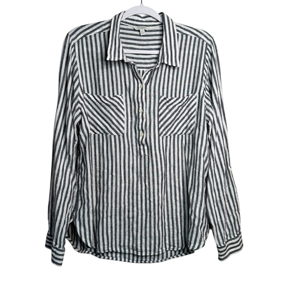 Lucky Brand 2024 Top Women’s Large White Gray Striped Henley 1/4 Button Down D2 - Picture 1 of 11